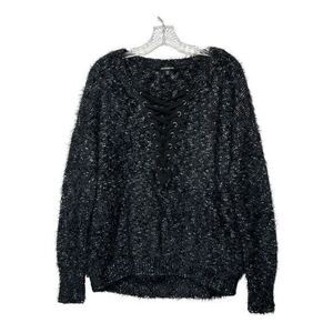 Express Women Size S Shaggy Fuzzy Sweater‎ Lace Up V Neck Heather Black Gray